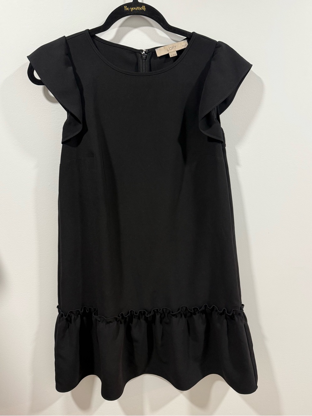 LOFT Black Ruffle-Hem Flutter Sleeve Mini Dress
